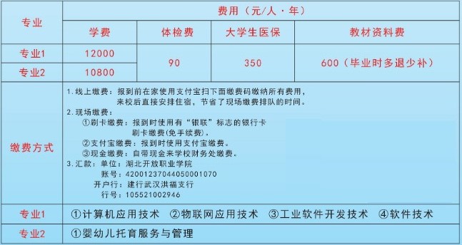 湖北开放职业学院学费多少钱一年-各专业收费标准
