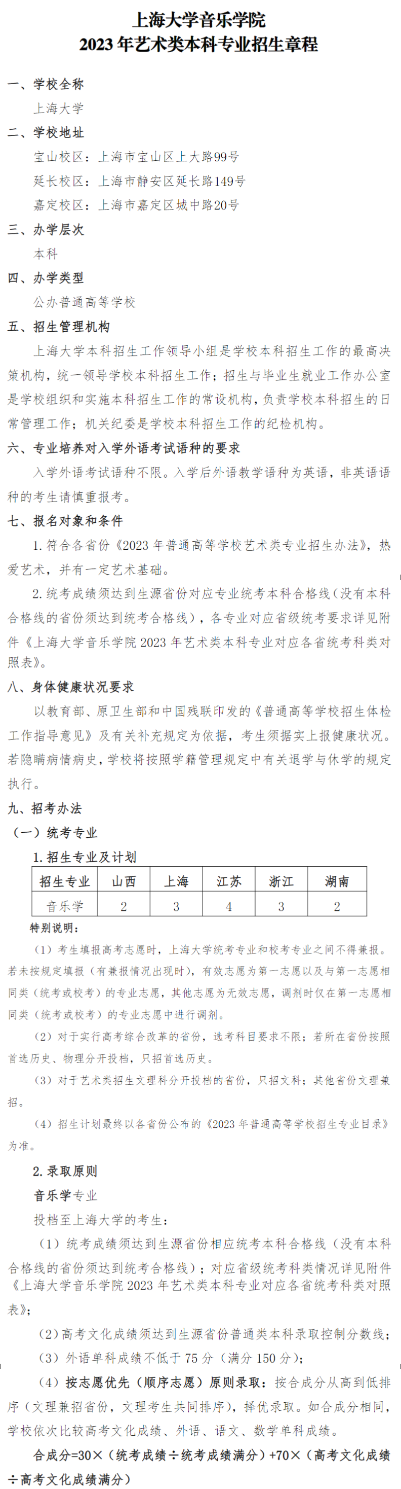 2023年上海大学艺术类招生章程（音乐学院）