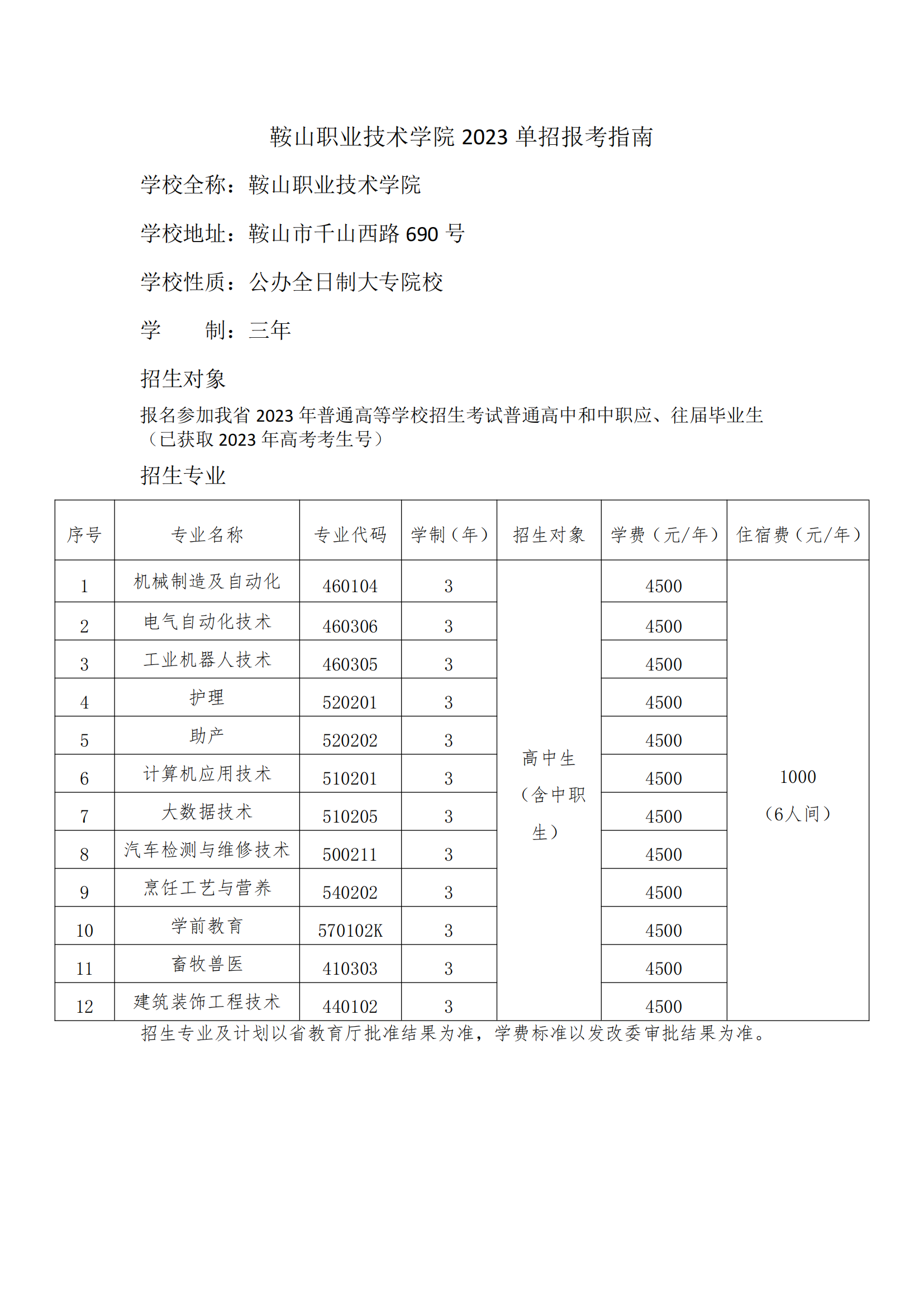 2023年鞍山职业技术学院单招简章