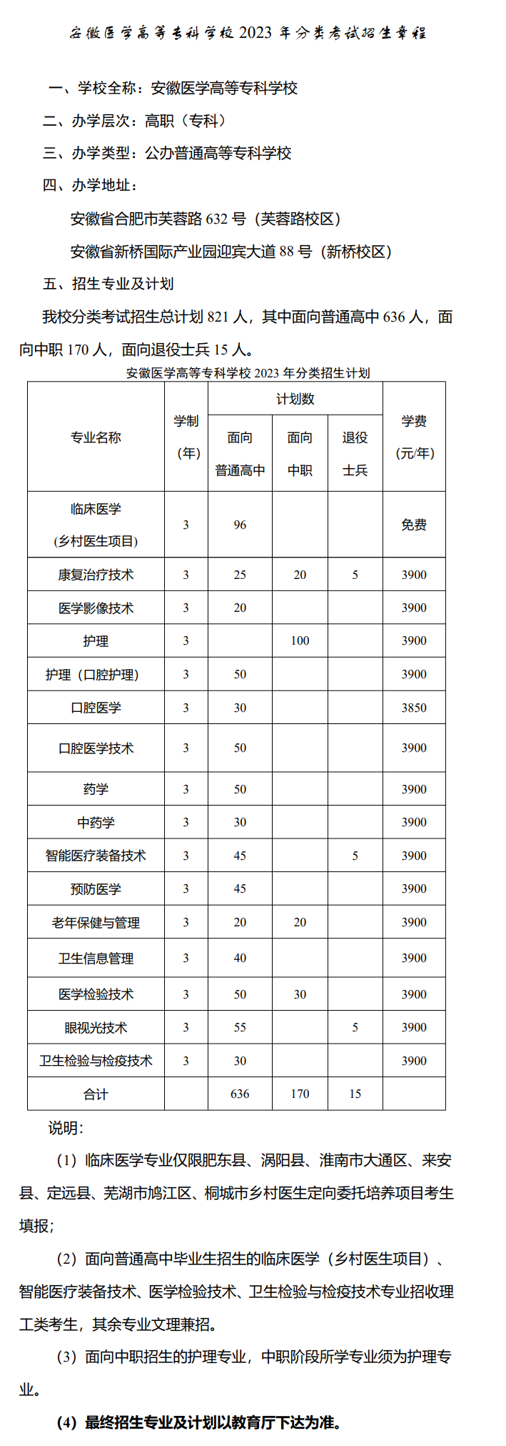 2023年安徽医学高等专科学校分类考试招生章程