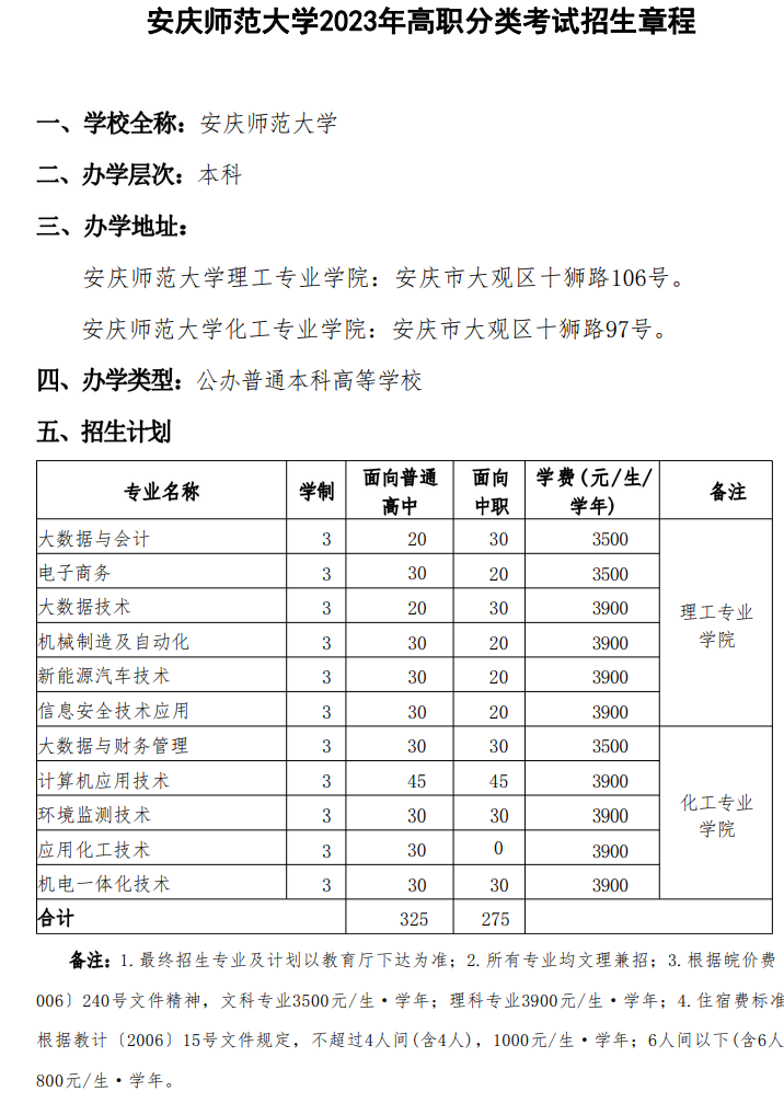2023年安庆师范大学分类考试招生章程